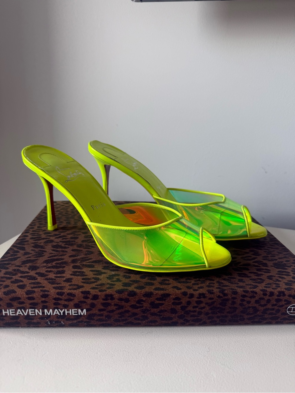 Christian Louboutin Neon Yellow Iridescent PVC Peep Toe Mule Heels